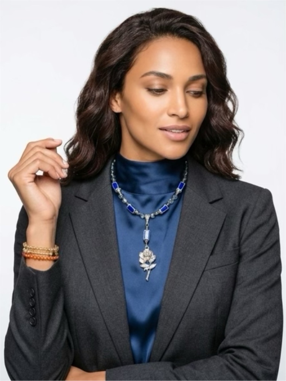Artisan Blue Crystal Rose Lariat Necklace